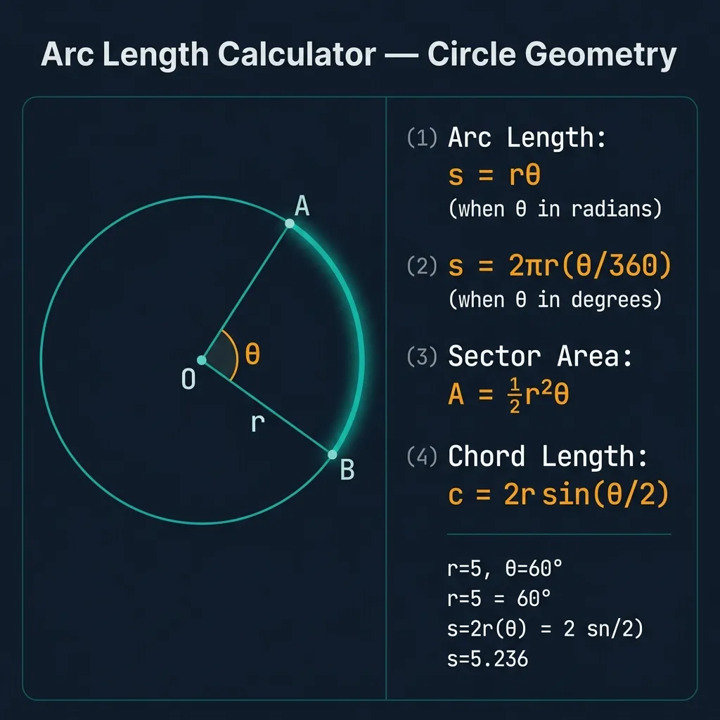 Arc Length Calculator infographic showing a circle with labeled radius r, central angle θ in amber, and the arc AB highlighted in glowing teal, alongside the four key formulas: arc length s = rθ (radians), s = 2πr(θ/360) (degrees), sector area A = ½r²θ, and chord length c = 2r sin(θ/2), with a worked example for r=5 and θ=60°, on a premium dark navy background
