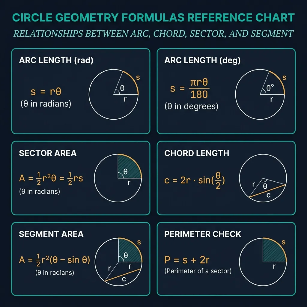Circle geometry formulas reference chart showing six sections: arc length in radians (s = rθ), arc length in degrees (s = πrθ/180), sector area (A = ½r²θ = ½rs), chord length (c = 2r·sin(θ/2)), segment area (A = ½r²(θ − sin θ)), and perimeter of sector (P = s + 2r), each with small geometric diagrams, on a dark navy premium background with teal borders and amber monospace formula text