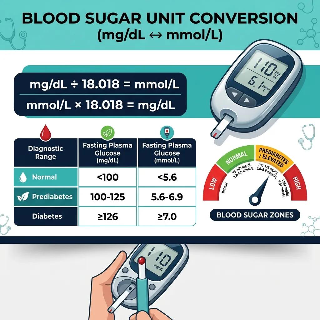 Blood sugar unit conversion infographic showing mg/dL to mmol/L formula, conversion factor 18.018, and comparison table for normal, prediabetes, and diabetes ranges