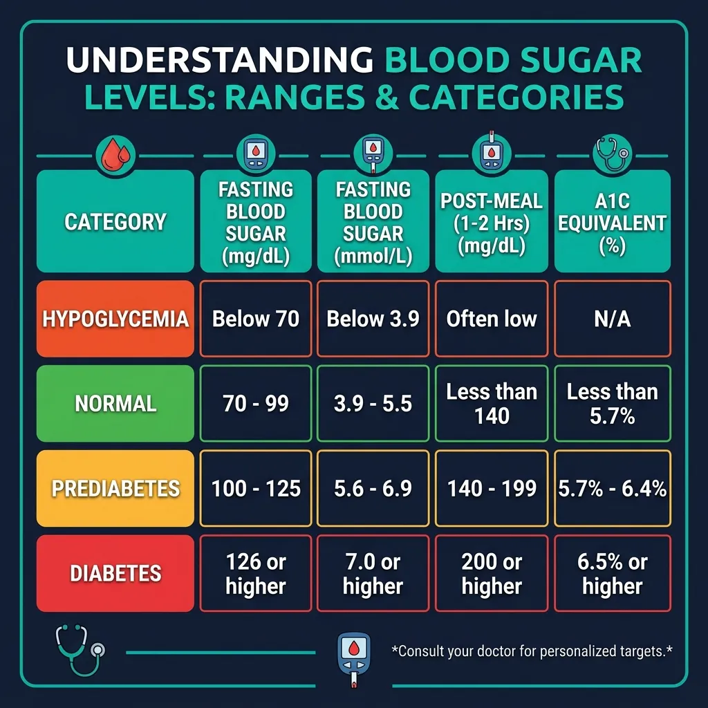 Blood glucose diagnostic range chart showing normal, prediabetes, and diabetes thresholds in both mg/dL and mmol/L for fasting, post-meal, and A1C measurements