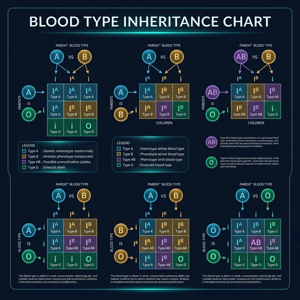 Blood type inheritance chart showing Punnett square diagrams for all parent ABO combinations, with probability percentages for each possible child blood type outcome