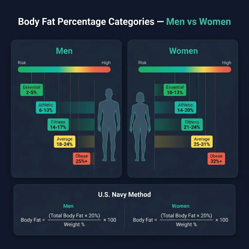 Body fat percentage categories for men and women — essential, athletic, fitness, average, and obese ranges with visual reference