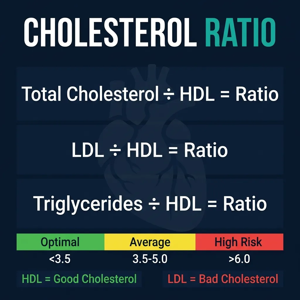 Cholesterol ratio calculator infographic showing Total/HDL ratio formula, LDL/HDL ratio formula, and Triglycerides/HDL ratio with color-coded risk zones from optimal to very high risk
