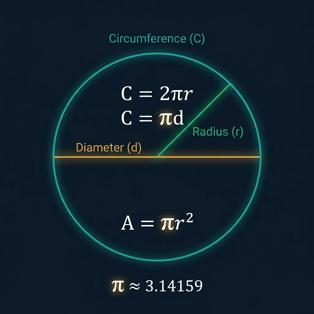 Circumference calculator infographic showing a circle with labeled radius (r, green), diameter (d, amber), and circumference (C, teal), with formulas C = 2πr, C = πd, and A = πr² on a dark navy background