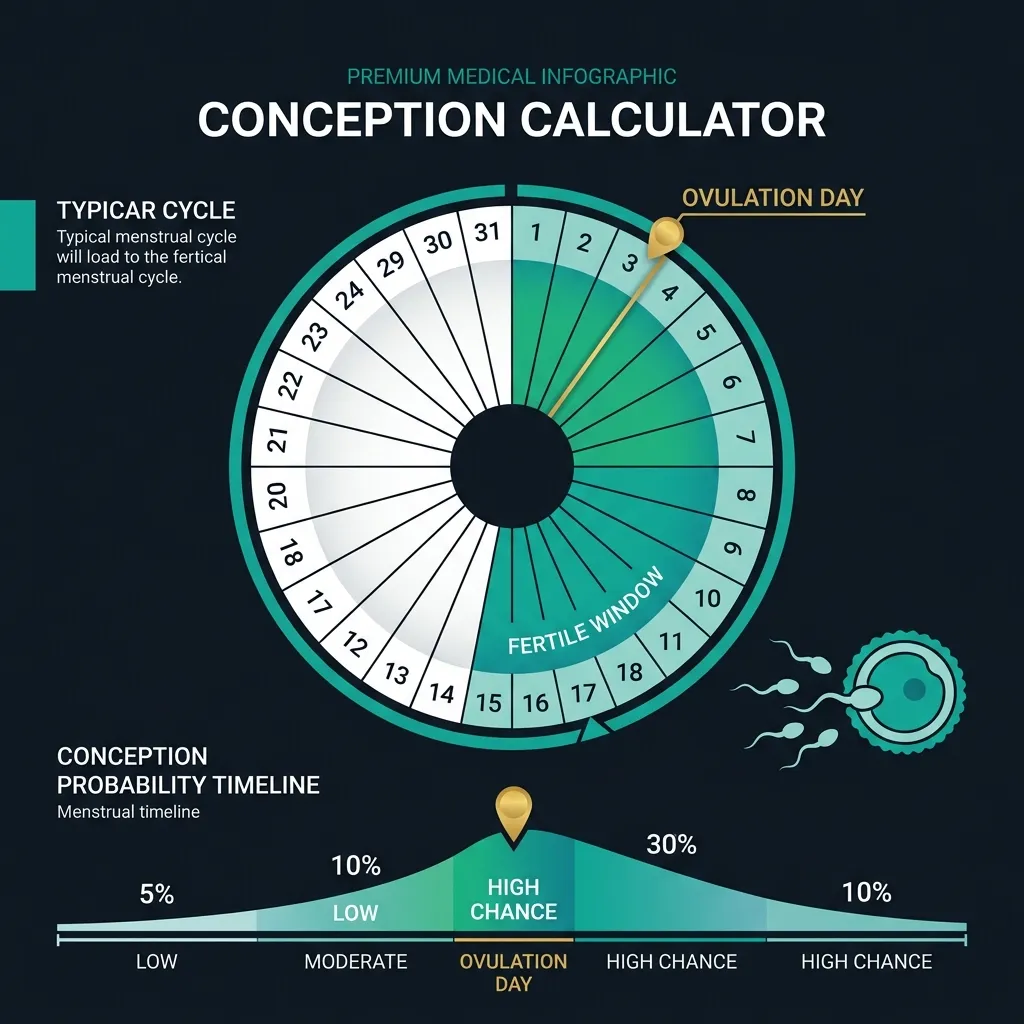 Conception calculator infographic showing ovulation date calculation formula, 6-day fertile window, sperm and egg lifespan, and daily conception probability percentages across the menstrual cycle