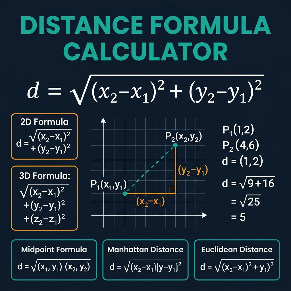 Distance Formula Calculator infographic showing the Euclidean distance formula d equals square root of the sum of squared differences in x and y coordinates, a coordinate grid with two points P1 and P2 connected by a dashed teal line and a right triangle illustrating the horizontal and vertical legs, worked example with P1(1,2) and P2(4,6) giving d equals 5, and separate cards for 2D and 3D formulas on a dark navy background with teal and amber accents