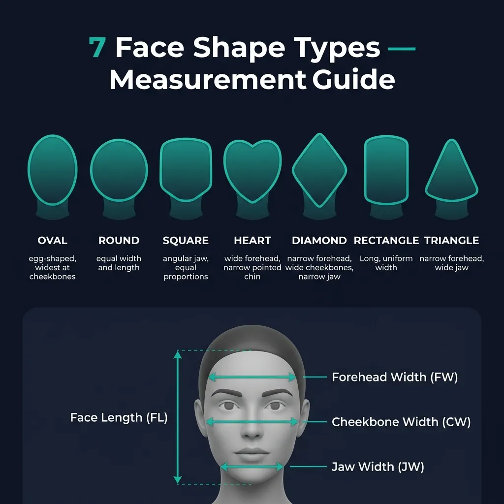 7 face shape types reference guide showing measurement points for face length, forehead, cheekbone, and jaw width