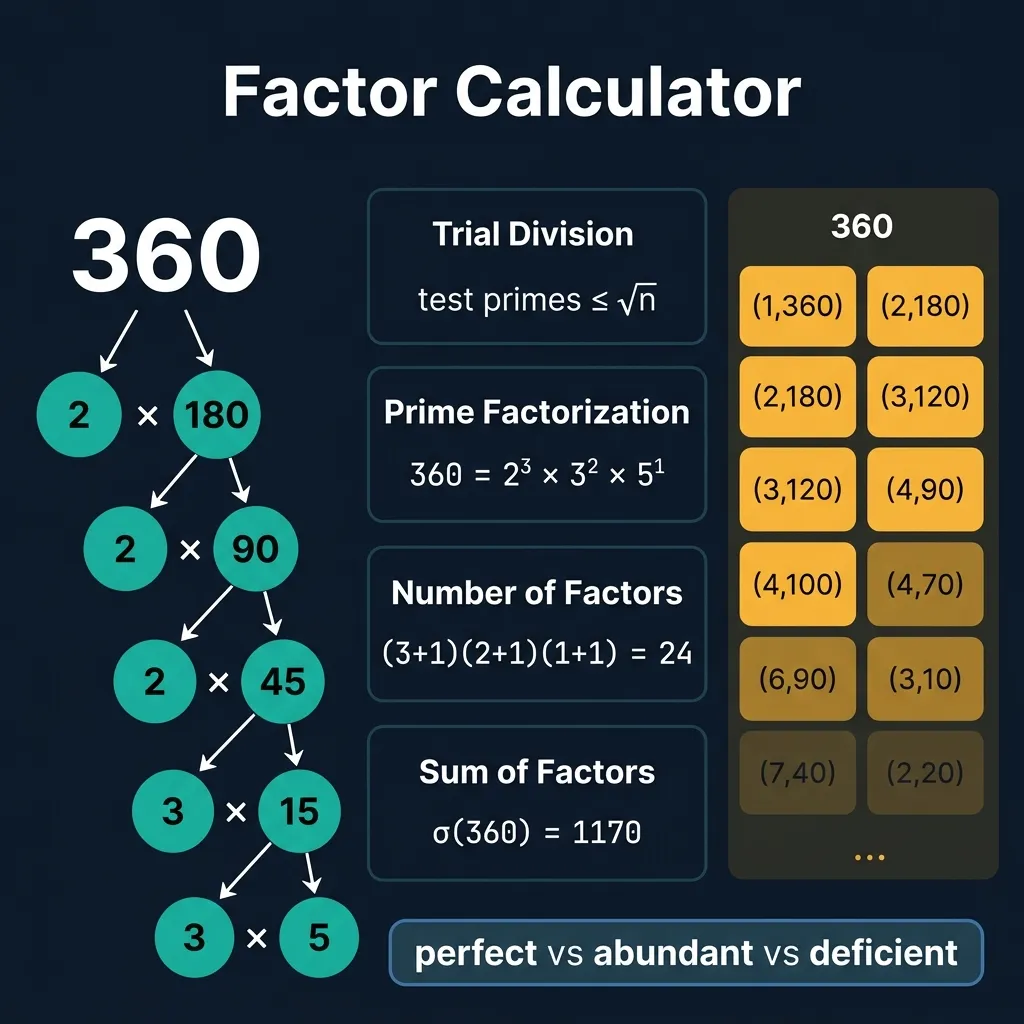Factor Calculator infographic showing a factor tree for 360 branching into prime factors 2 3 5, prime factorization 360 equals 2 cubed times 3 squared times 5, number of factors formula 24, sum of factors 1170, factor pairs grid, and perfect abundant deficient classification badges on dark navy background with teal circles and amber cards