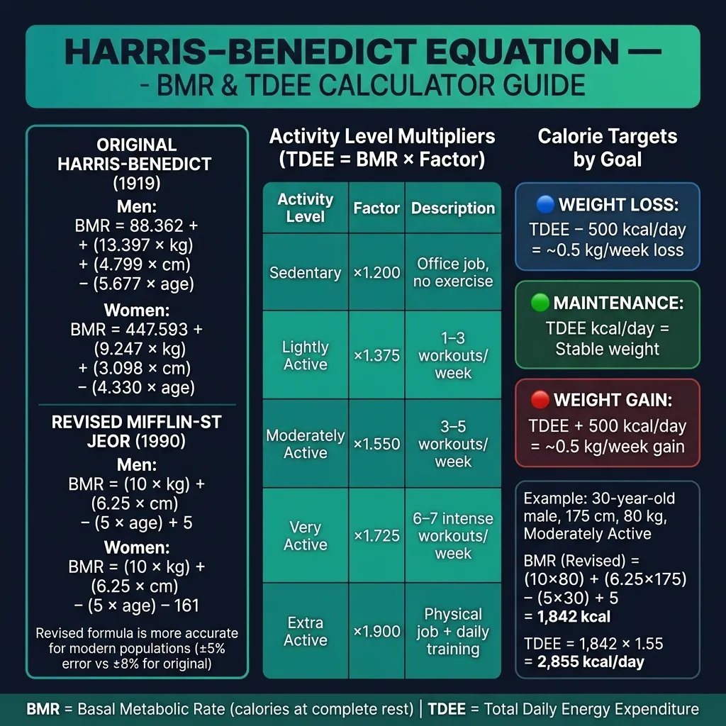Harris-Benedict formula reference, activity level multipliers, and calorie targets by goal