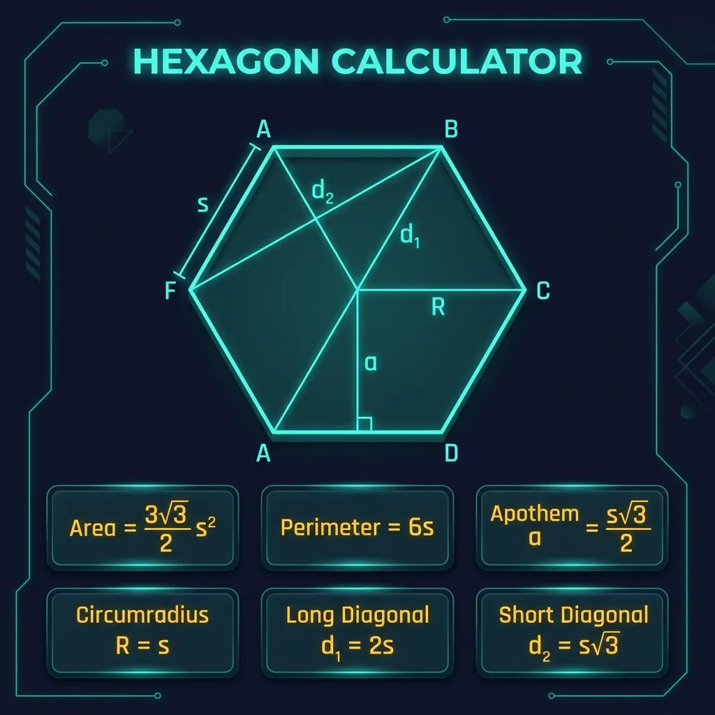 Hexagon Calculator showing all six regular hexagon formulas: area, perimeter, apothem, circumradius, long diagonal, and short diagonal with teal neon visual on dark background