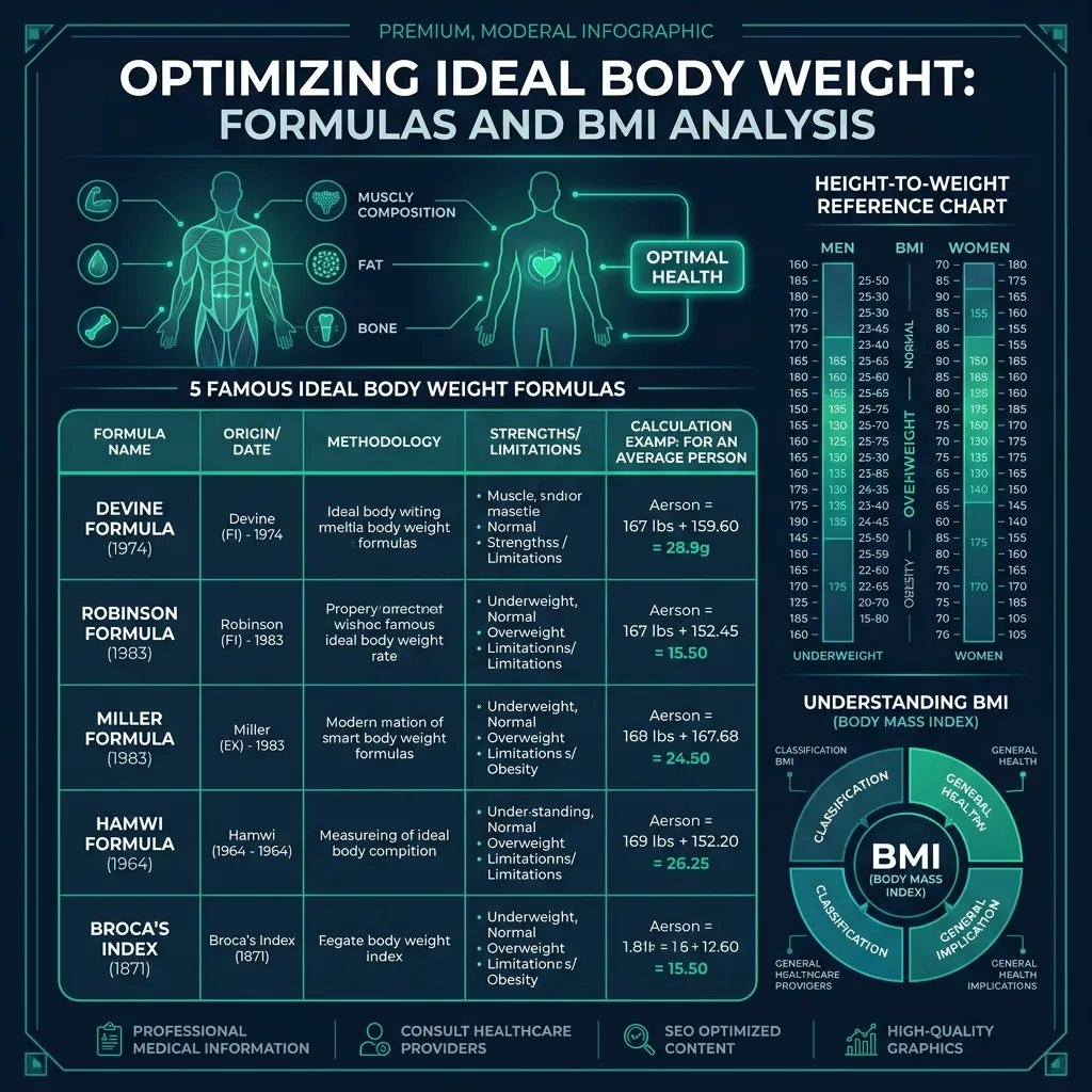 Ideal body weight formula comparison infographic showing Devine, Robinson, Miller, Hamwi, and Peterson BMI Prime formulas for men and women with example calculations