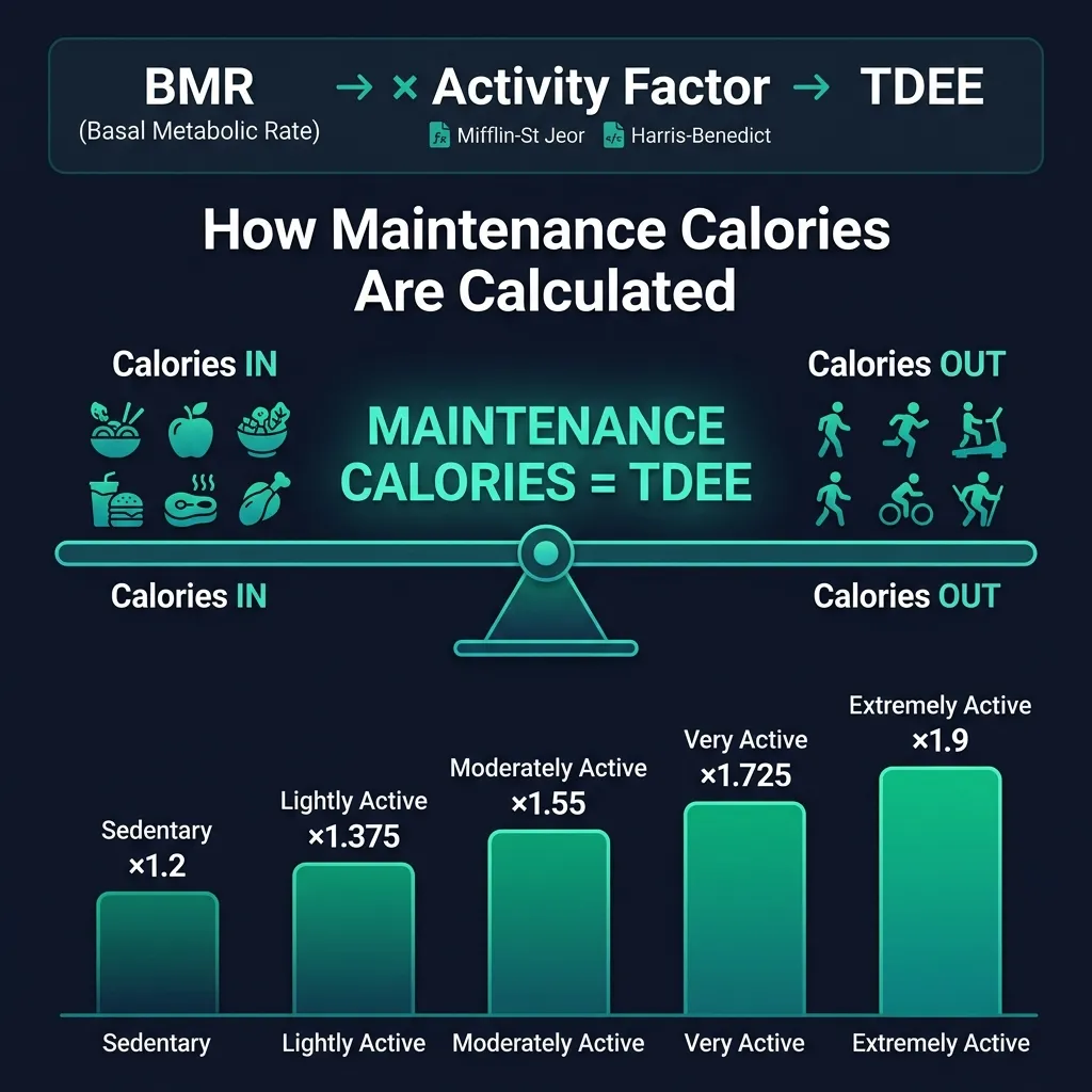 How maintenance calories are calculated — BMR multiplied by activity factor equals TDEE infographic