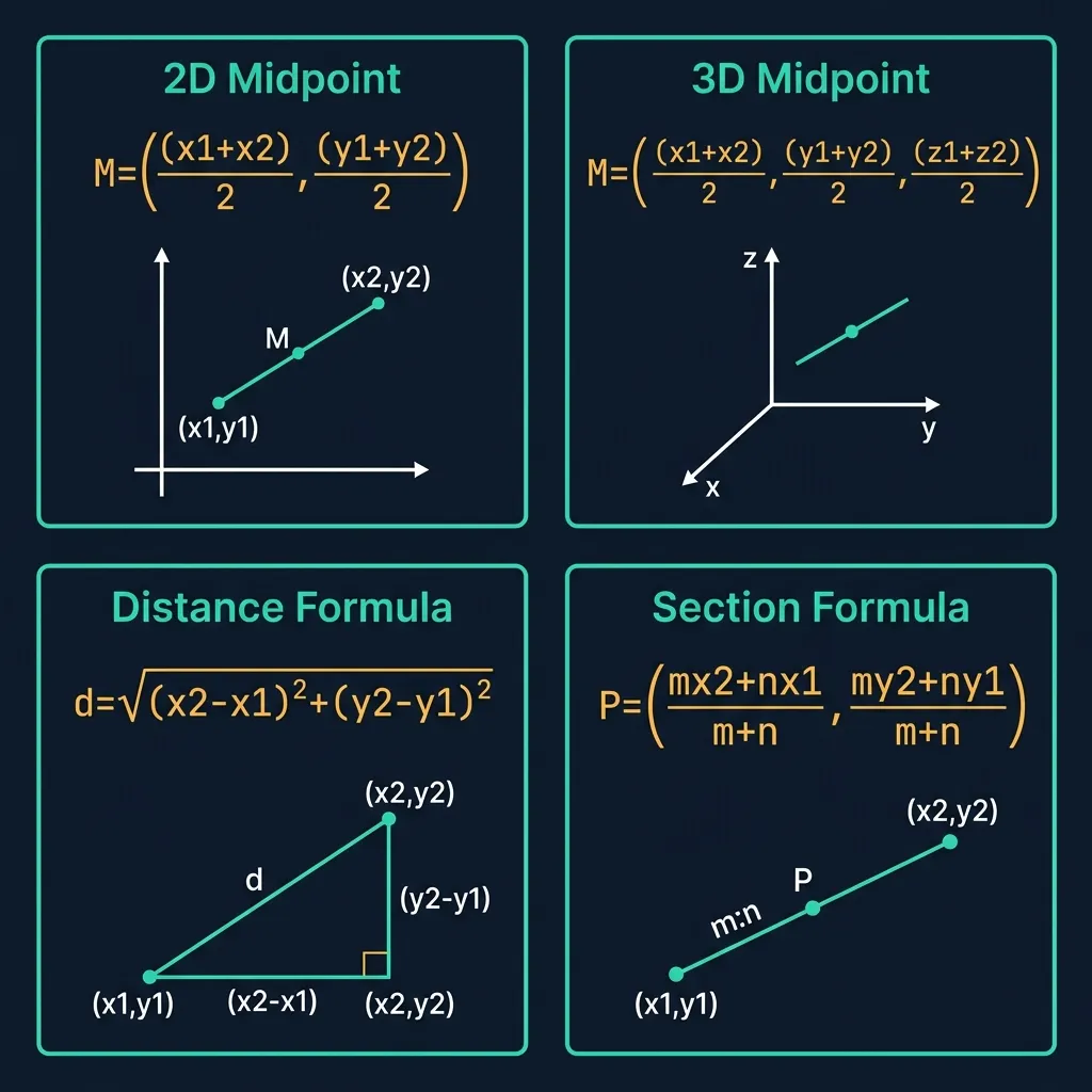 Coordinate geometry reference chart showing 2D midpoint formula, 3D midpoint formula, distance formula with Pythagorean triangle visual, and section formula for internal division in ratio m:n, on a dark premium navy background with teal borders and amber monospace formula text