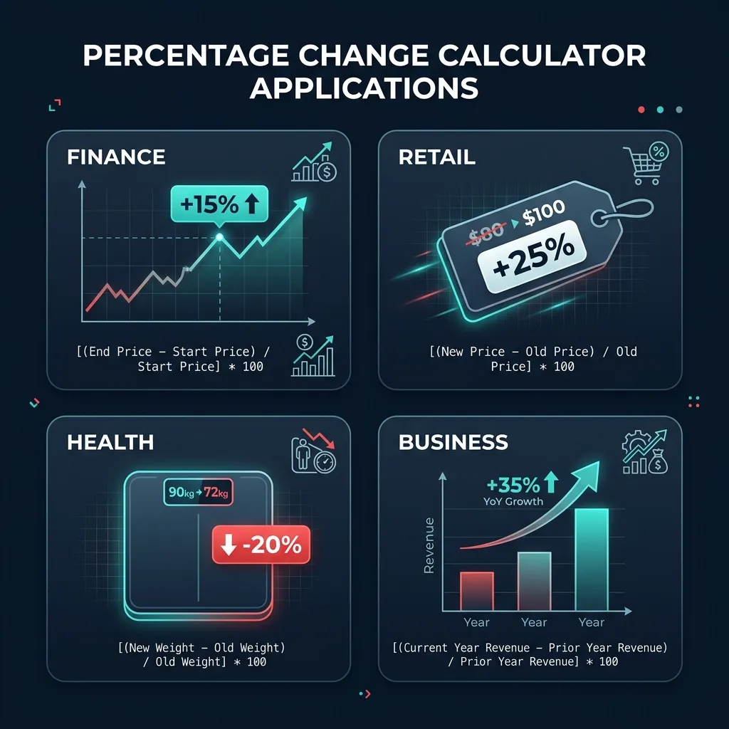 Percentage change applications infographic showing finance stock gain, retail price increase, health weight loss, and business revenue growth on dark navy background with teal and red accent colors