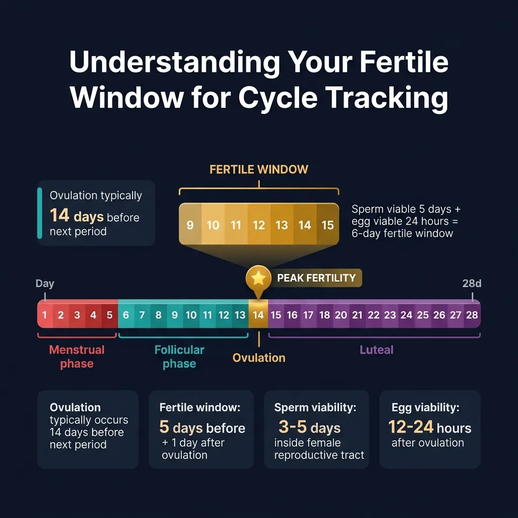 Fertile window calculator — ovulation timing, sperm viability, and 6-day fertility window visualization for cycle tracking
