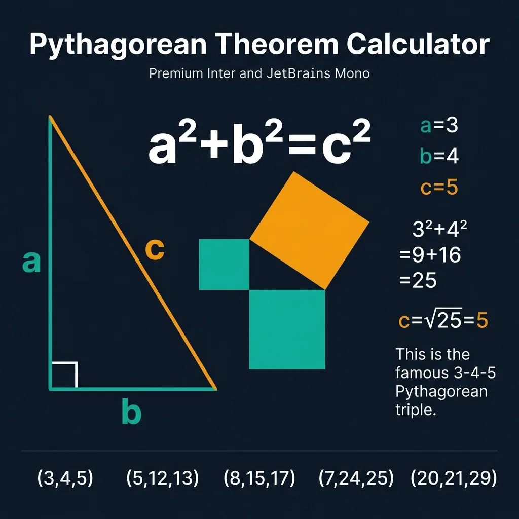 Pythagorean Theorem Calculator infographic showing right triangle with legs a and b in teal and hypotenuse c in amber, the formula a²+b²=c² in large white text with colored square areas on each side, worked example 3²+4²=9+16=25 giving c=5, and 5 common Pythagorean triples (3,4,5)(5,12,13)(8,15,17)(7,24,25)(20,21,29) on dark navy premium background