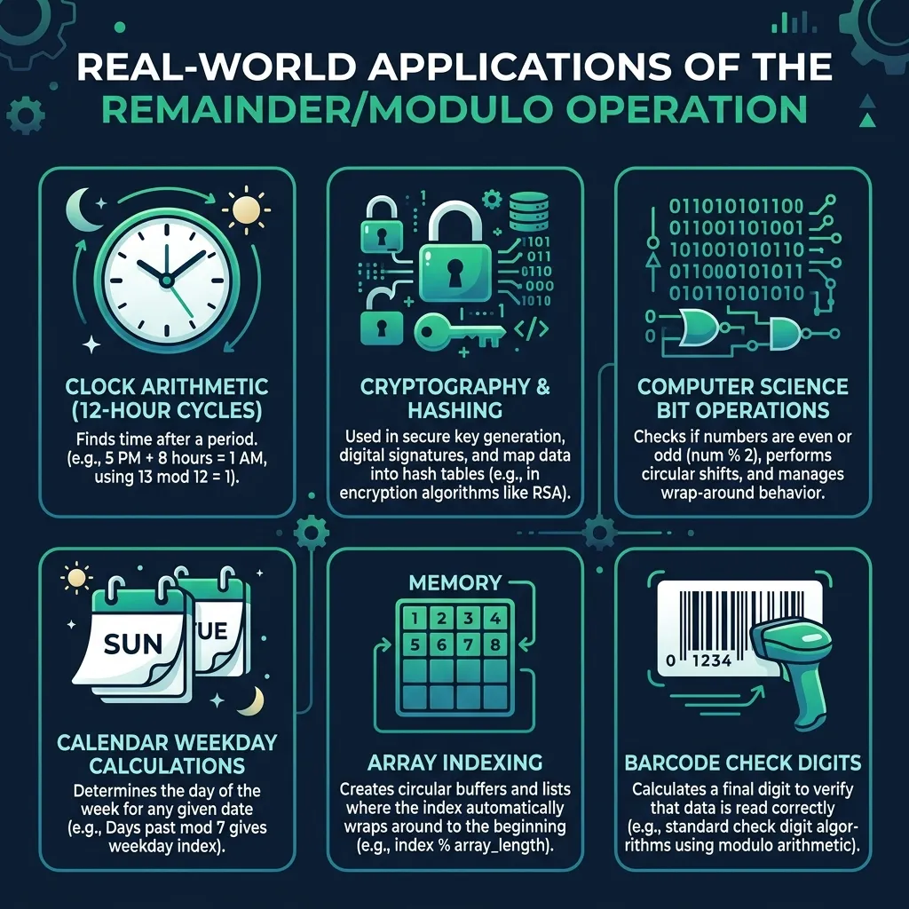 Chart showing real-world applications of modulo and remainder operations: clock arithmetic for time calculations, cryptography and RSA encryption, computer science array indexing, calendar weekday calculations, barcode and ISBN check digits, and hash table bucket assignment
