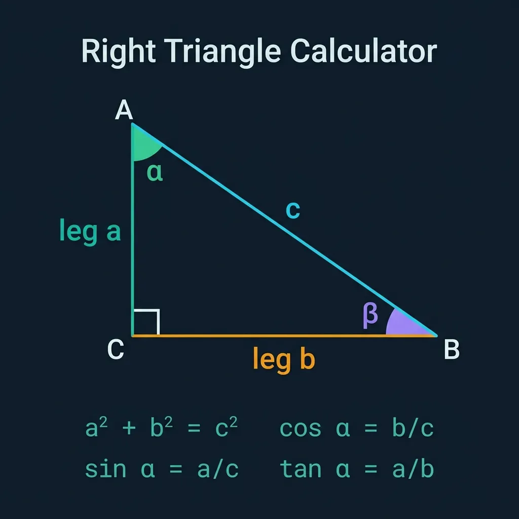 Right triangle calculator infographic showing a right triangle with labeled legs a (teal), b (amber), hypotenuse c (cyan), right angle marker, angle α (green), angle β (purple), and Pythagorean theorem formula a² + b² = c² on dark navy background