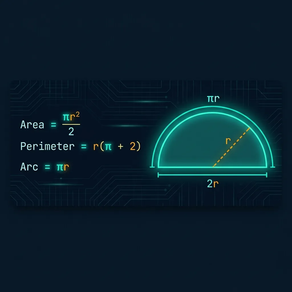 Semicircle Area Calculator showing the formula A = πr²/2 with a glowing teal semicircle, amber radius line, and labeled measurements on a dark premium background