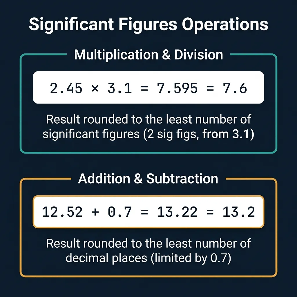 Significant figures operations reference chart showing multiplication and division (fewest sig figs rule): 2.45 × 3.1 = 7.6, and addition and subtraction (fewest decimal places rule): 12.52 + 0.7 = 13.2, on a dark premium navy background
