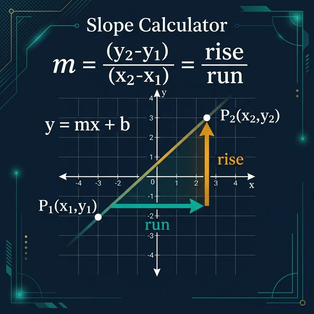 Slope calculator infographic showing the slope formula m equals y2 minus y1 divided by x2 minus x1, with a labeled coordinate plane showing two points, rise (vertical change) and run (horizontal change), and the resulting line equation y = mx + b