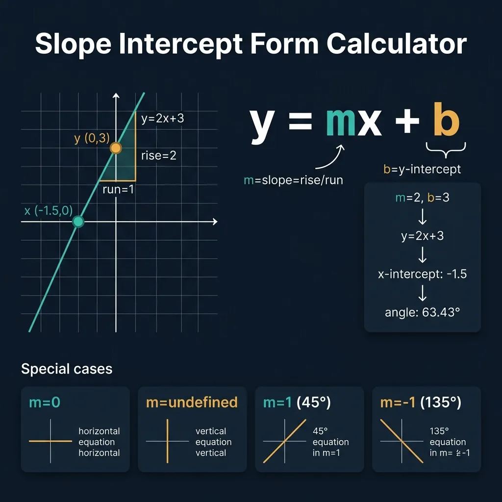 Slope Intercept Form Calculator infographic showing coordinate grid with line y=2x+3, slope triangle labeled rise=2 run=1, y-intercept (0,3) in amber, x-intercept (-1.5,0) in teal, large formula y=mx+b in white with m and b annotated, worked example m=2 b=3 giving y=2x+3 x-intercept -1.5 angle 63.43°, on dark navy premium background