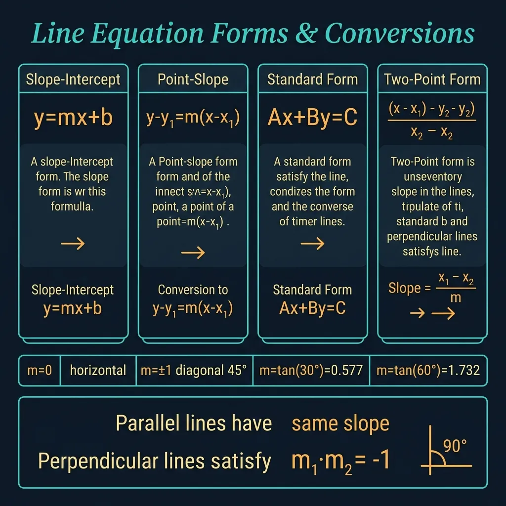 Line Equation Forms and Conversions chart showing four columns: Slope-Intercept y=mx+b, Point-Slope y-y₁=m(x-x₁), Standard Form Ax+By=C, Two-Point Form, with conversion arrows, special slope table for m=0/±1/tan(30)/tan(60), parallel same slope and perpendicular m₁m₂=-1 rules, on dark navy background with teal borders and amber monospace text