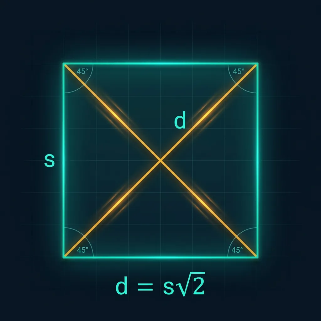 Square Diagonal Calculator showing the formula d = s√2 with a teal neon square diagram, diagonal lines in amber, and labeled measurements on dark premium background