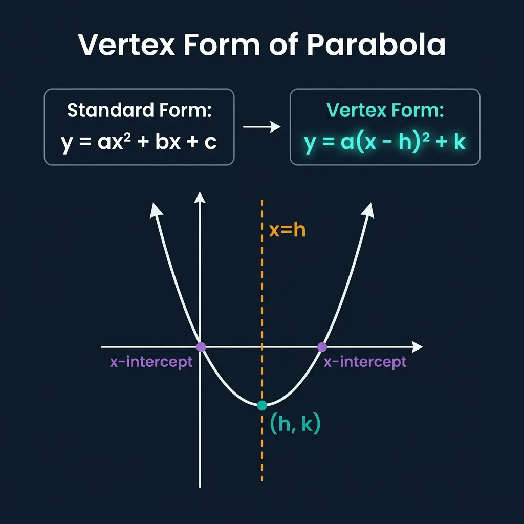 Vertex Form Calculator infographic showing parabola on coordinate axes with vertex (h,k) labeled in teal, axis of symmetry x=h in amber, x-intercepts in purple, and formulas Standard Form y=ax²+bx+c and Vertex Form y=a(x-h)²+k on dark navy background