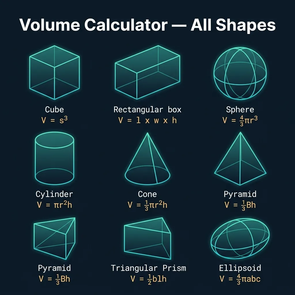 Volume Calculator — 8 geometric shape formulas: cube, box, sphere, cylinder, cone, pyramid, triangular prism, ellipsoid on dark navy background with teal accents